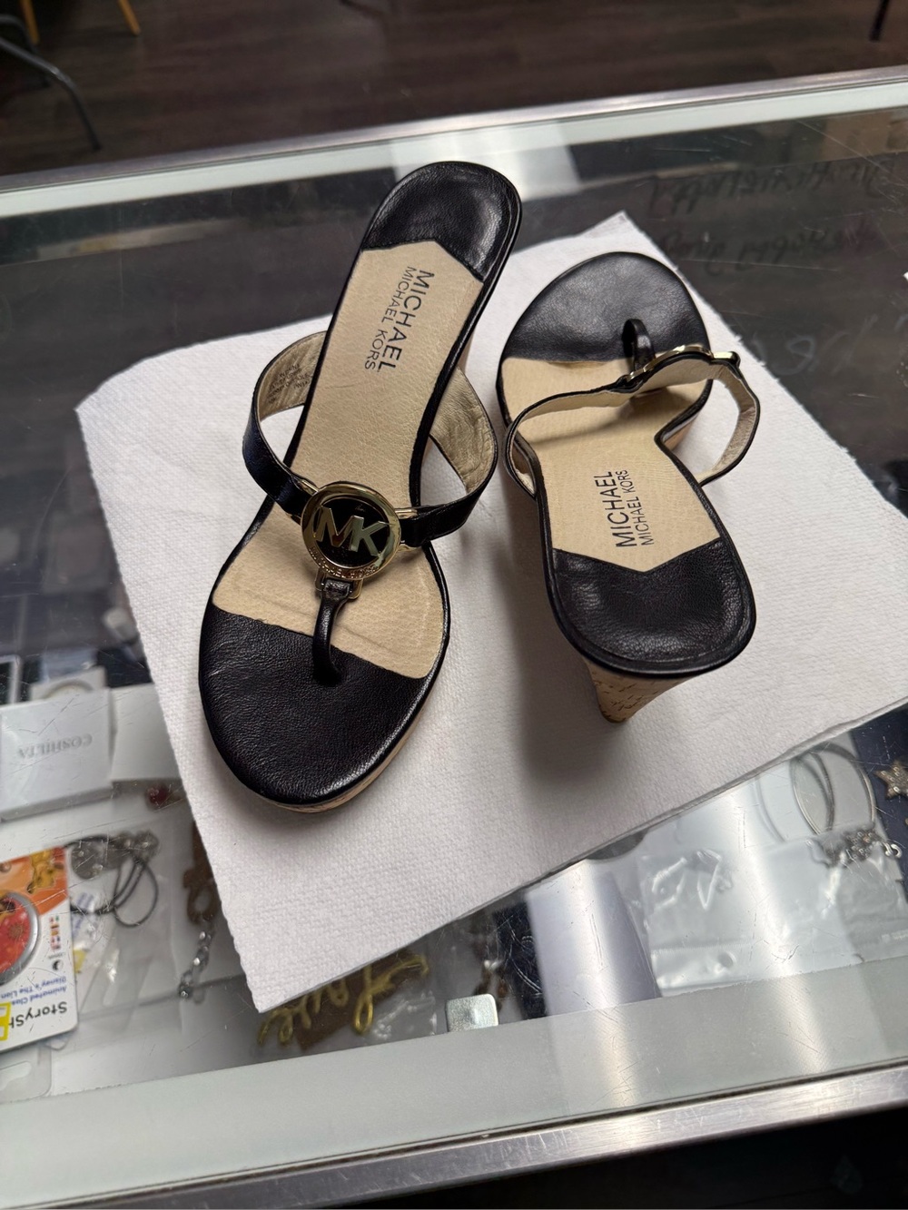 MICHAEL Michael Kors Black and Gold MK Toe-Ring Wedge Sandals